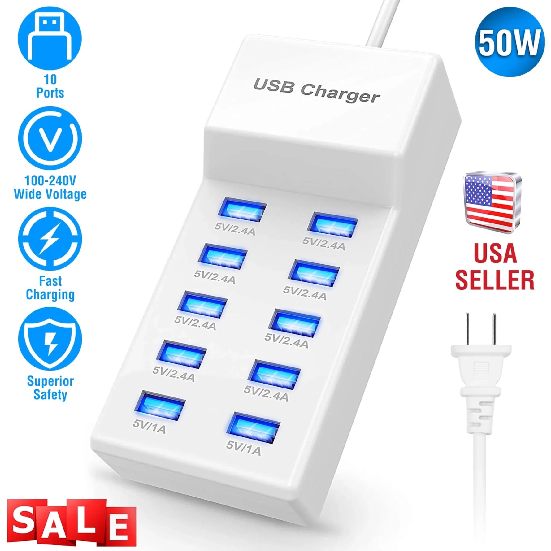10 Ports USB Charging Station Hub 50W USB Wall Charger-AMAZON FACTORY