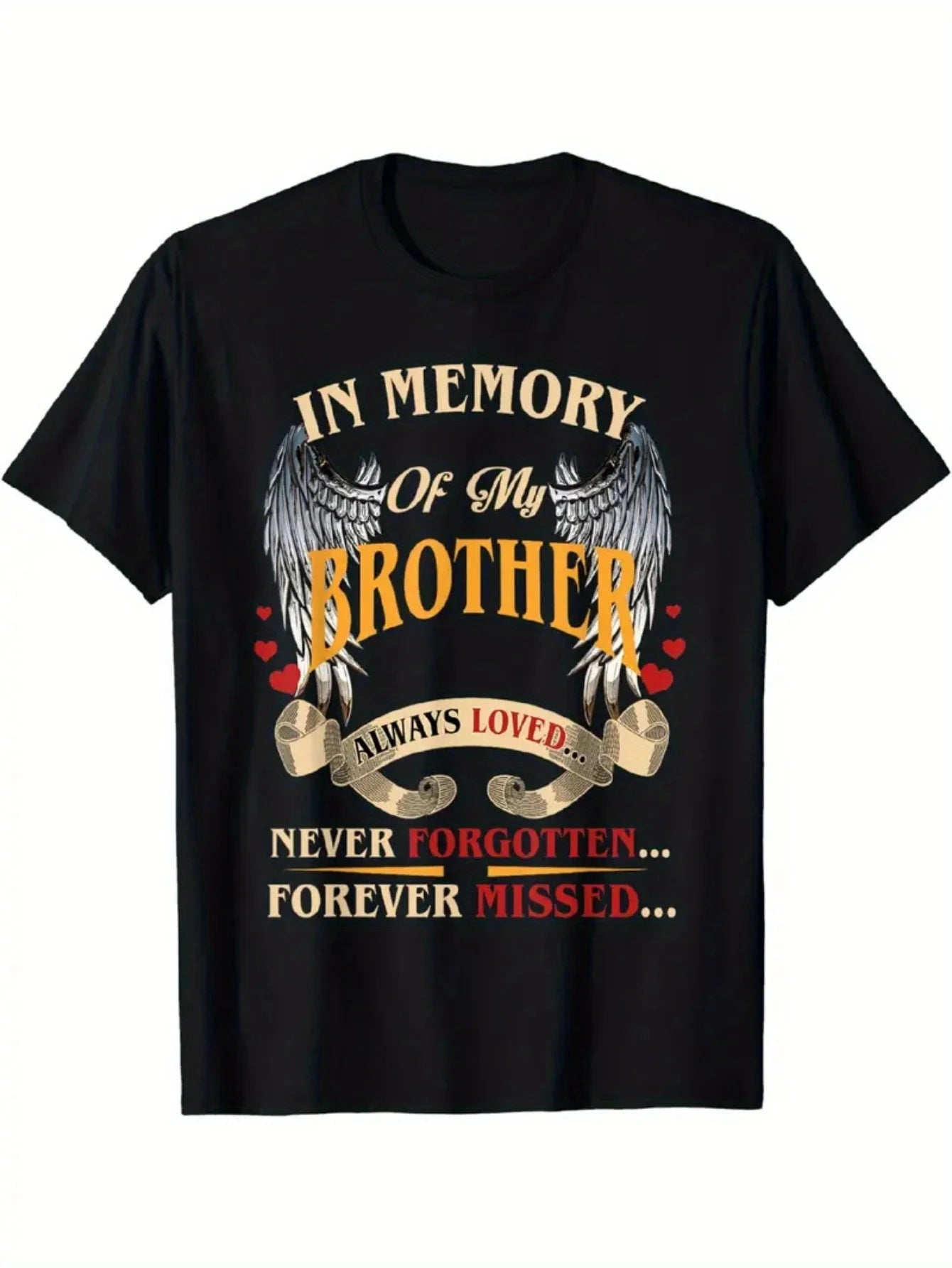 100% Cotton Memorial T-Shirt - "In Loving Memory of My Brother" with Winged Heart Design, Short Sleeve, Crew Neck - Casual & Com-AMAZON FACTORY