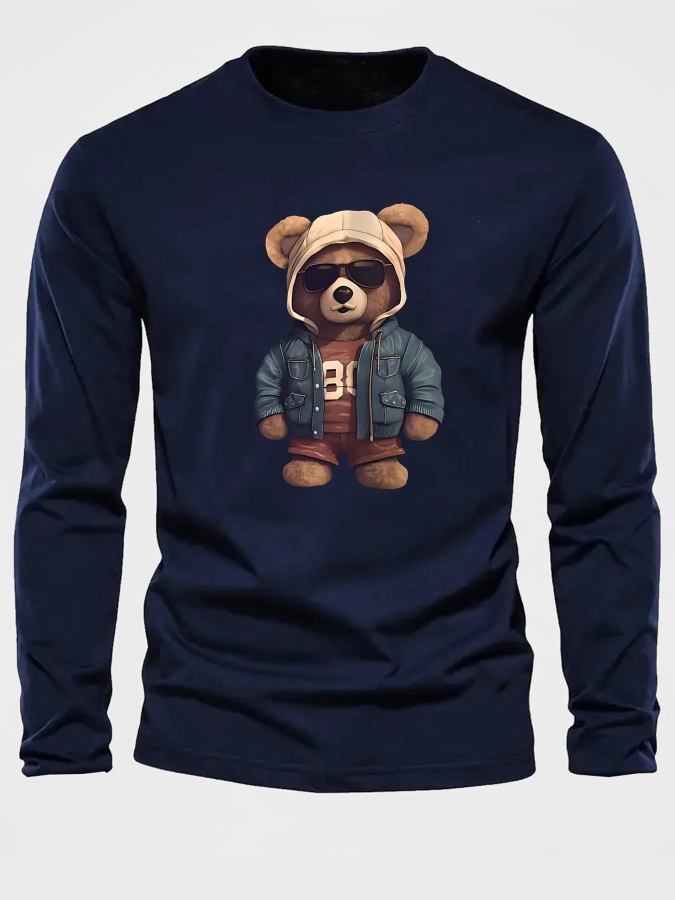 100 cotton men's casual long sleeved round neck loose bear pattern printed autumn and winter T-shirt top versatile-AMAZON FACTORY