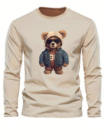 100 cotton men's casual long sleeved round neck loose bear pattern printed autumn and winter T-shirt top versatile-AMAZON FACTORY