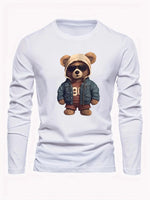 100 cotton men's casual long sleeved round neck loose bear pattern printed autumn and winter T-shirt top versatile-AMAZON FACTORY
