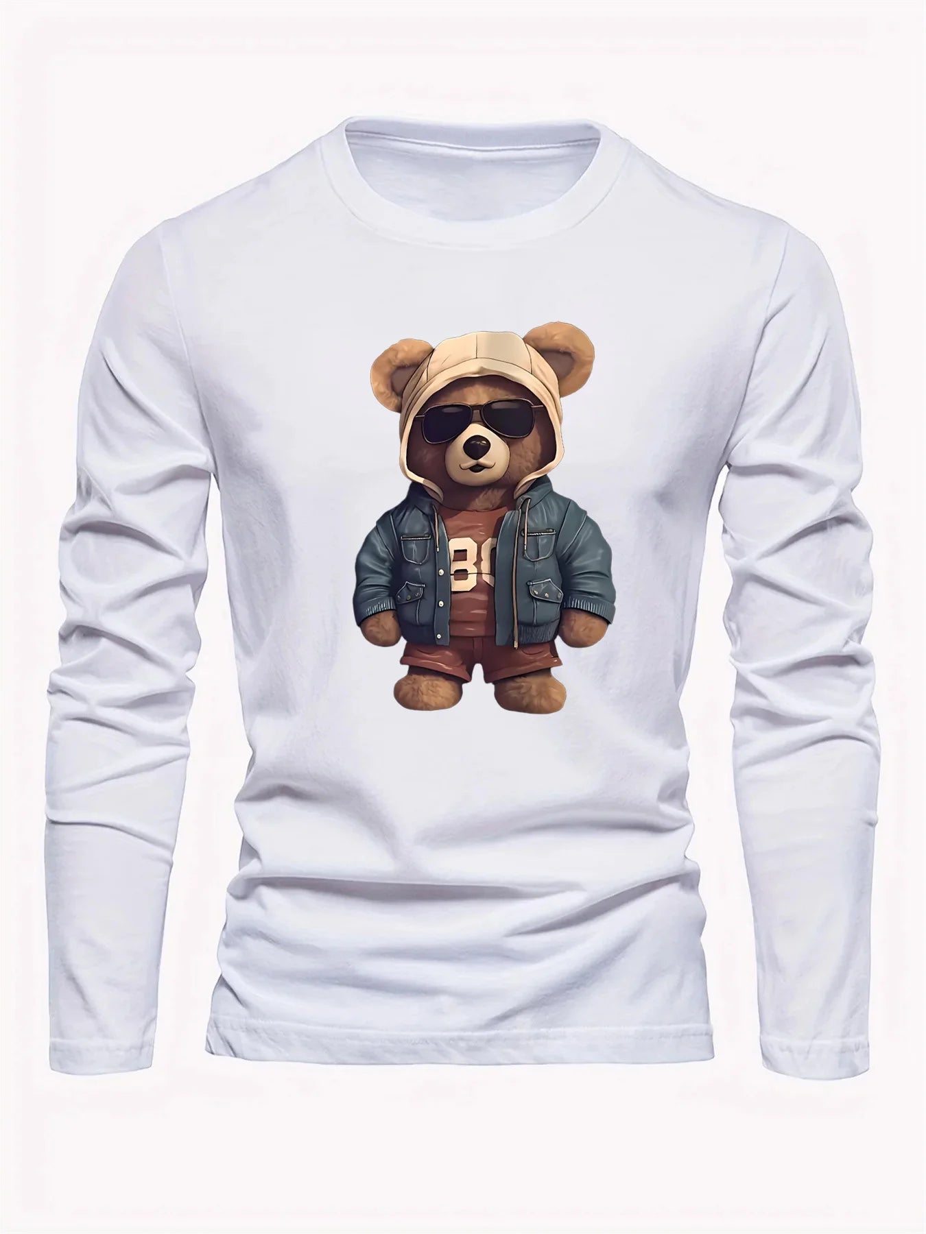 100 cotton men's casual long sleeved round neck loose bear pattern printed autumn and winter T-shirt top versatile-AMAZON FACTORY
