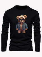 100 cotton men's casual long sleeved round neck loose bear pattern printed autumn and winter T-shirt top versatile-AMAZON FACTORY