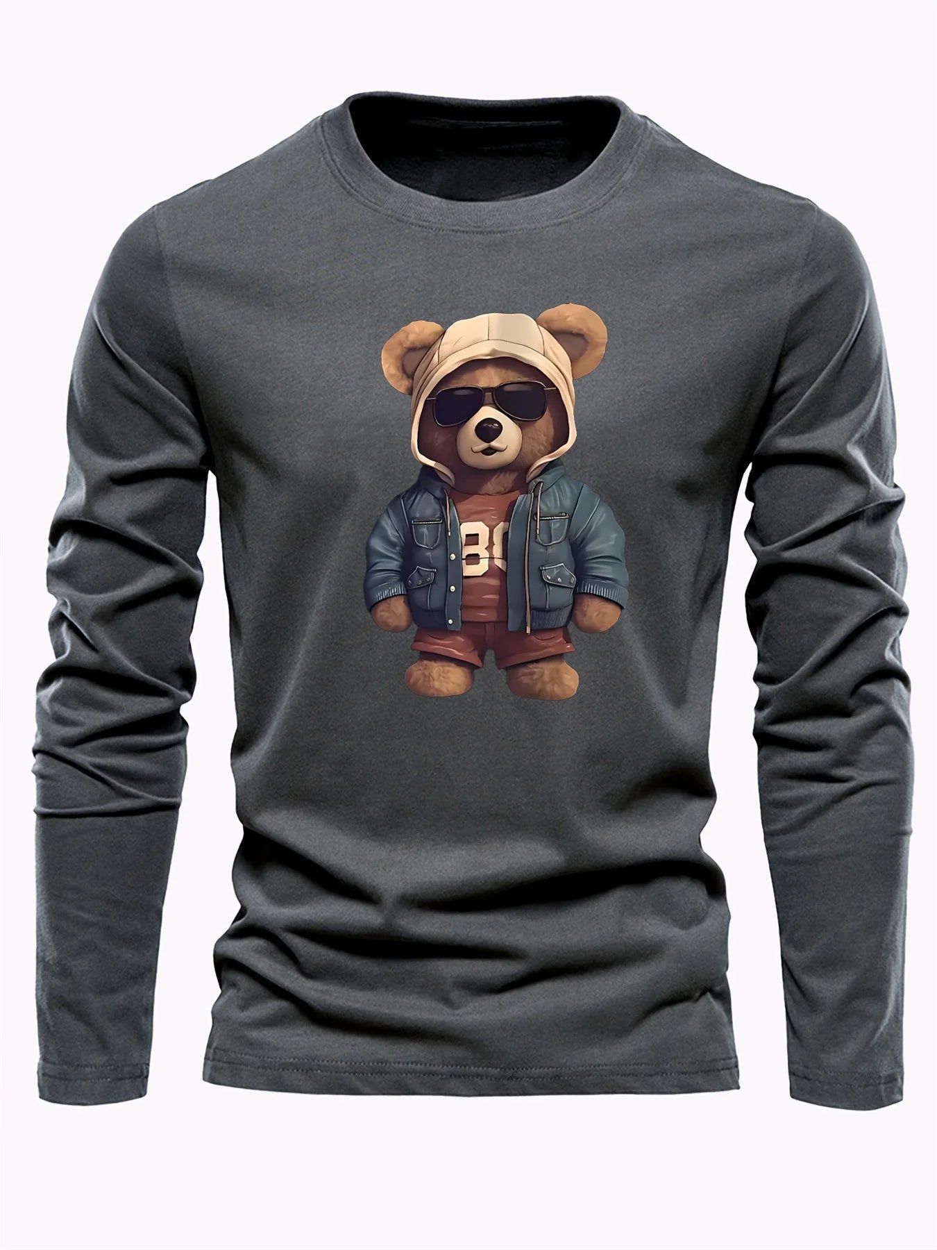 100 cotton men's casual long sleeved round neck loose bear pattern printed autumn and winter T-shirt top versatile-AMAZON FACTORY