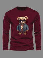 100 cotton men's casual long sleeved round neck loose bear pattern printed autumn and winter T-shirt top versatile-AMAZON FACTORY