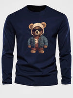 100 cotton men's casual long sleeved round neck loose bear pattern printed autumn and winter T-shirt top versatile-AMAZON FACTORY