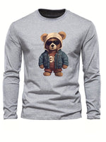 100 cotton men's casual long sleeved round neck loose bear pattern printed autumn and winter T-shirt top versatile-AMAZON FACTORY