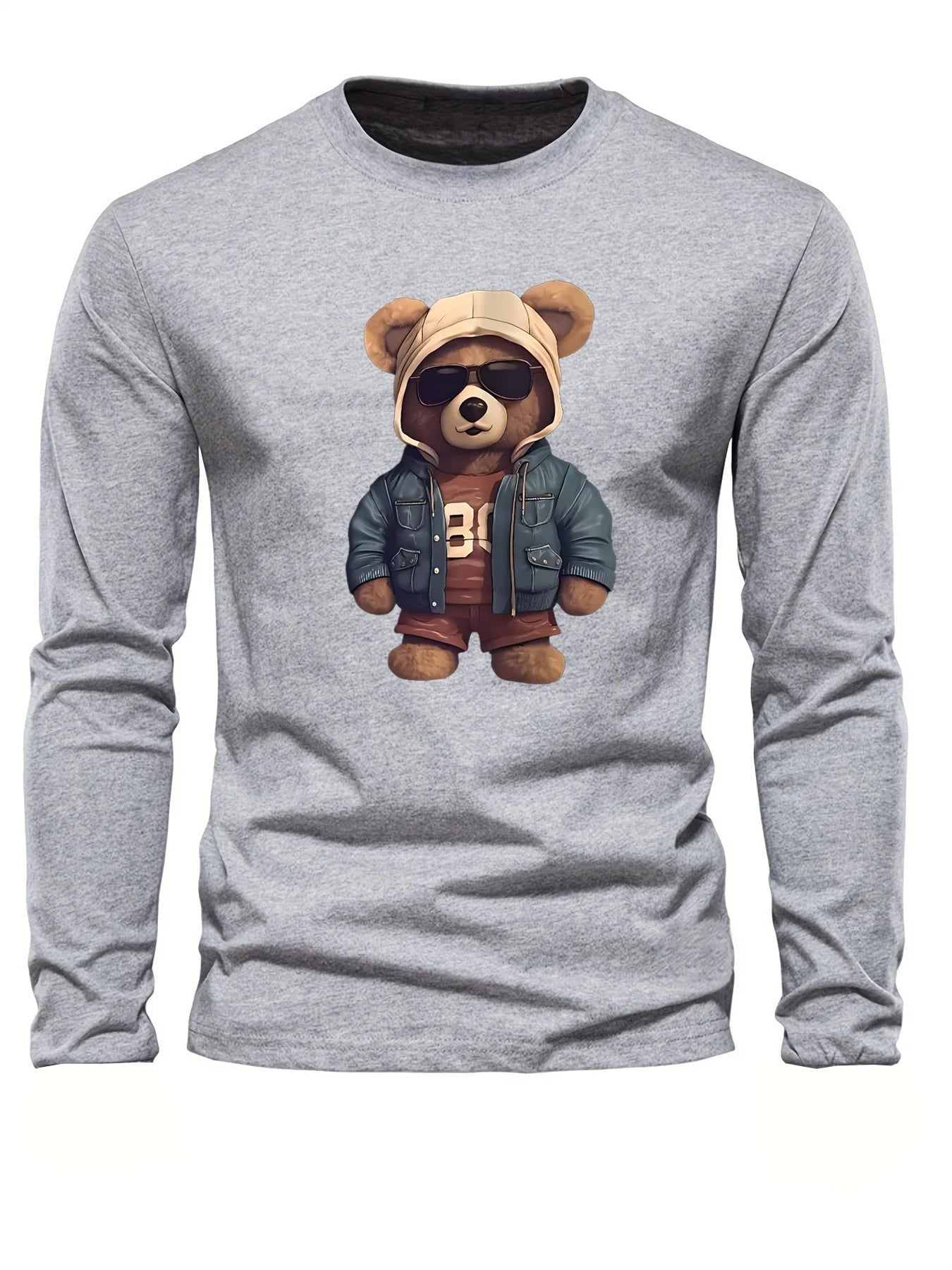 100 cotton men's casual long sleeved round neck loose bear pattern printed autumn and winter T-shirt top versatile-AMAZON FACTORY