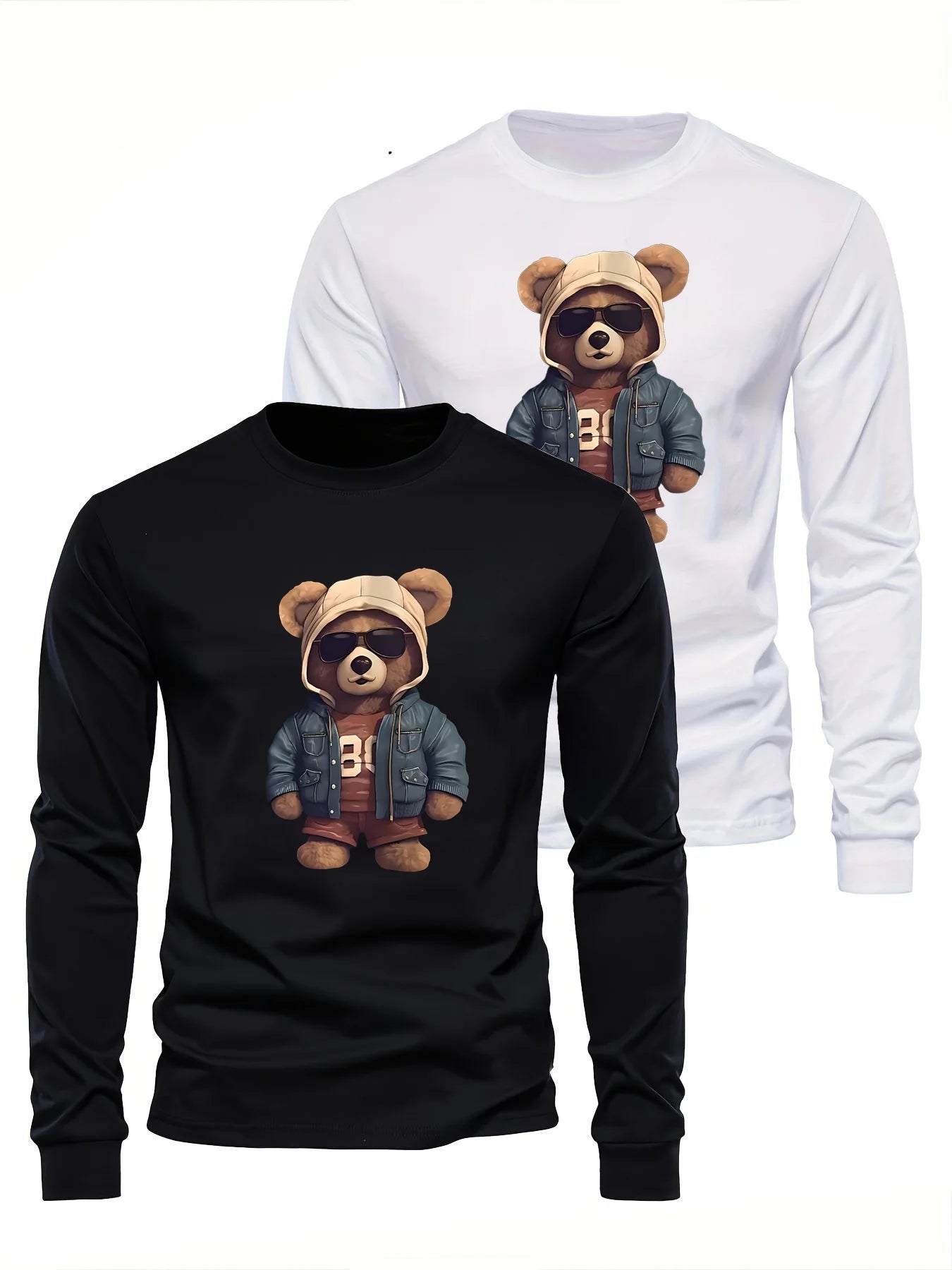 100 cotton men's casual long sleeved round neck loose bear pattern printed autumn and winter T-shirt top versatile-AMAZON FACTORY