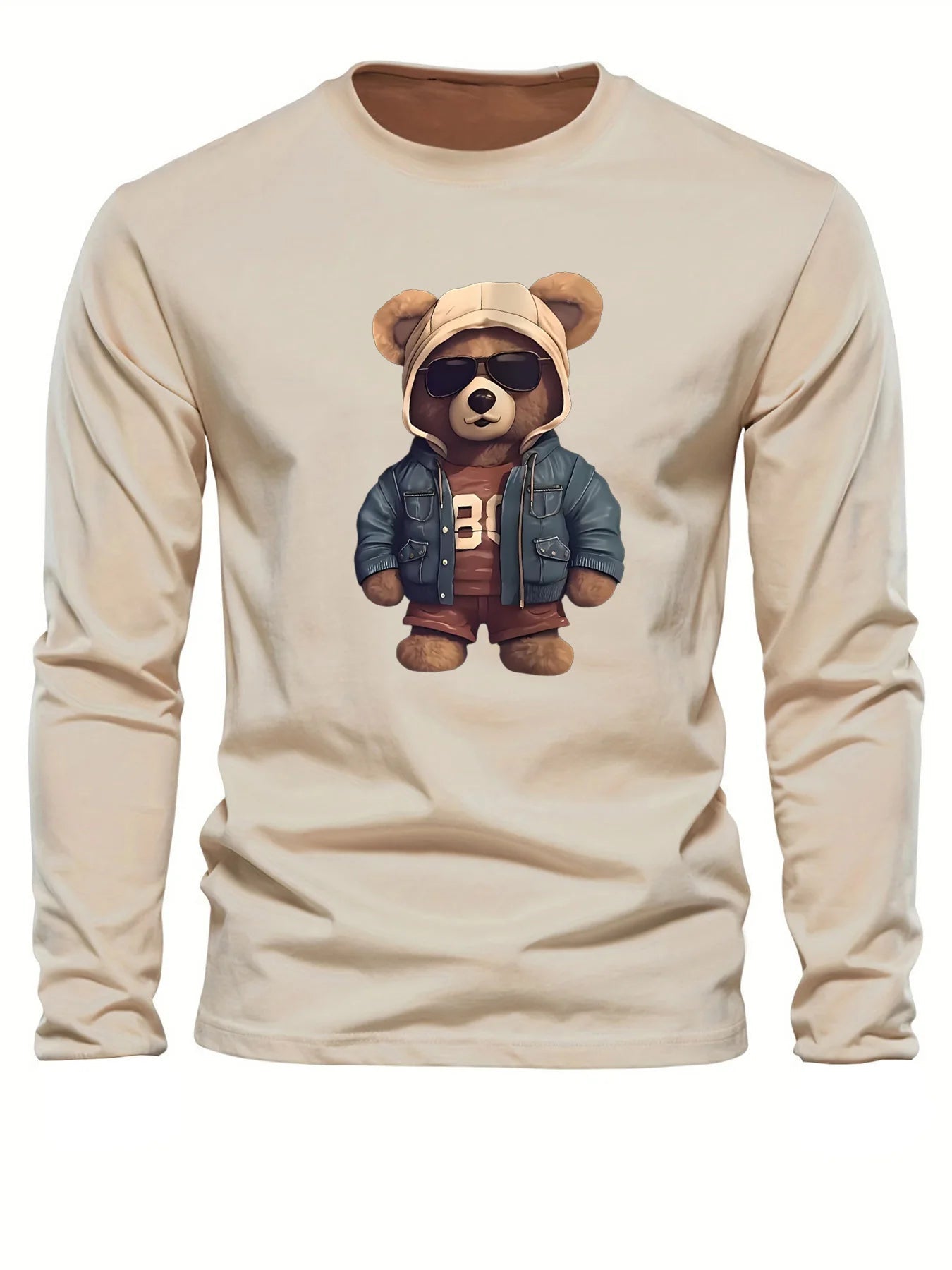 100 cotton men's casual long sleeved round neck loose bear pattern printed autumn and winter T-shirt top versatile-AMAZON FACTORY