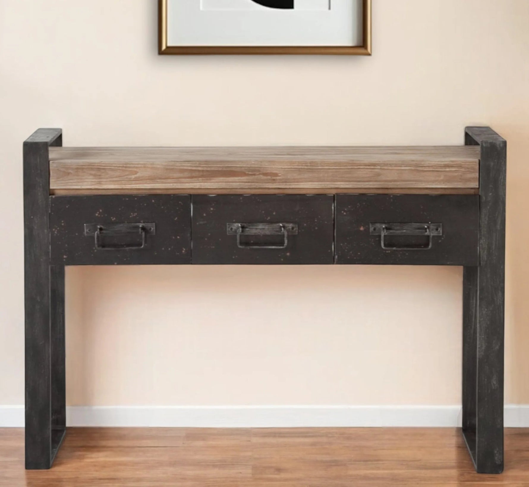 12" Brown and Black Solid Wood Sled Console Table And Drawers - AMAZON FACTORY