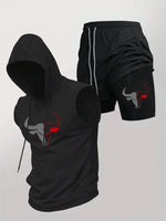 Men's 2 Piece Black Sleeveless Hooded Vest & Shorts Set, Bull Print Gym Tracksuit, Breathable Spring Summer Workout Fitness Wear-AMAZON FACTORY