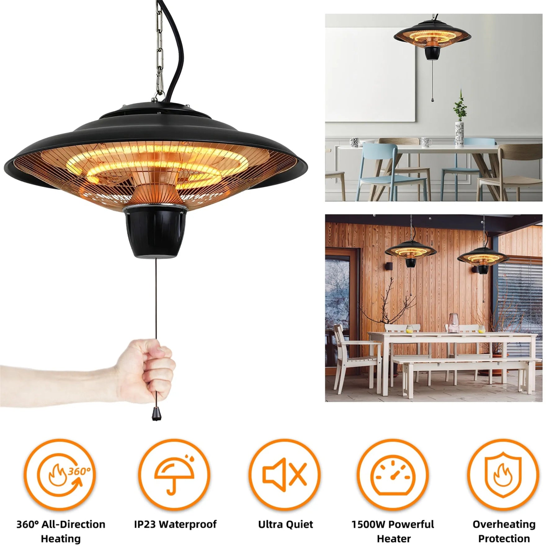 1500W Outdoor Hanging Patio Heater Ultra - Quiet Electric Heating Lamp - AMAZON FACTORY