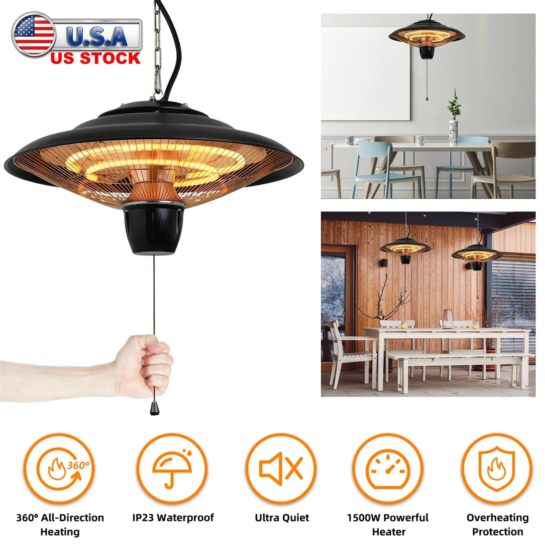 1500W Outdoor Hanging Patio Heater Ultra - Quiet Electric Heating Lamp - AMAZON FACTORY
