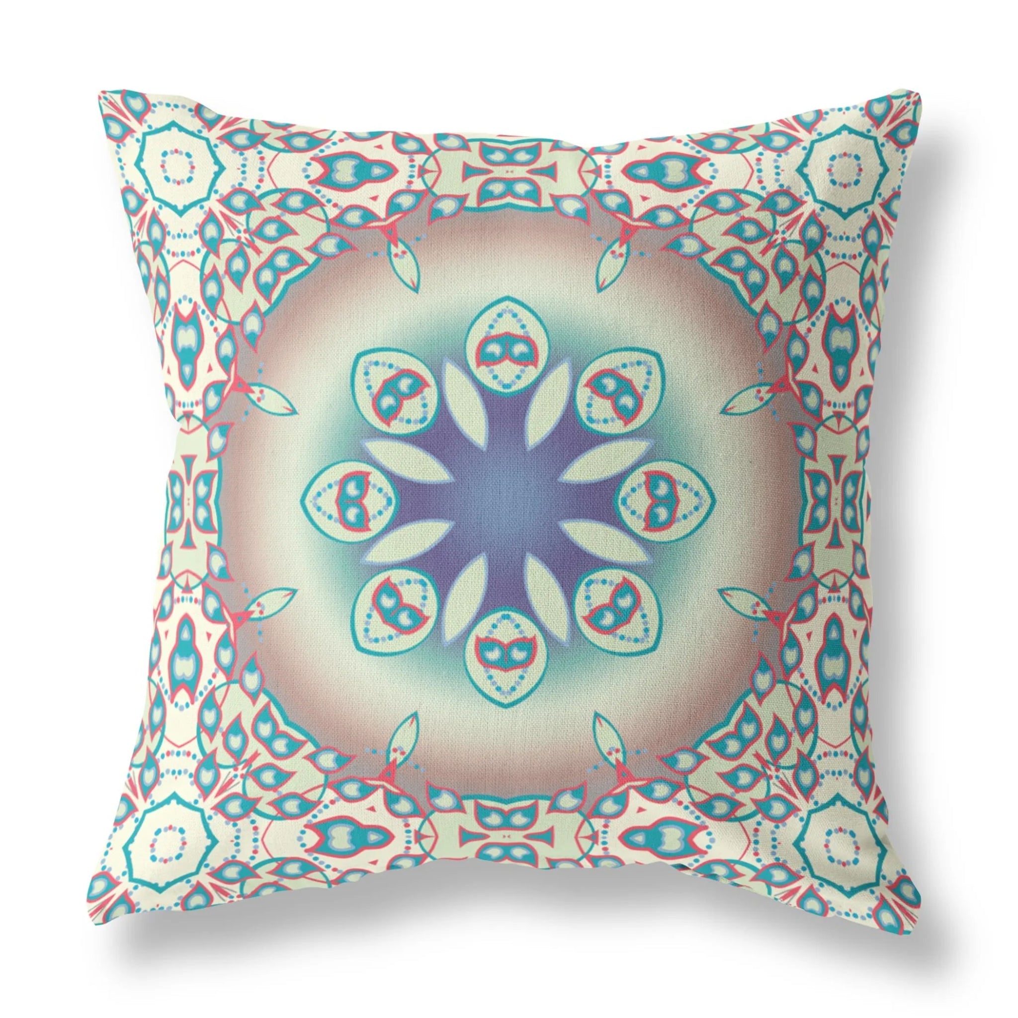 16" X 16" Beige And Blue Geometric Blown Seam Suede Throw Pillow - AMAZON FACTORY