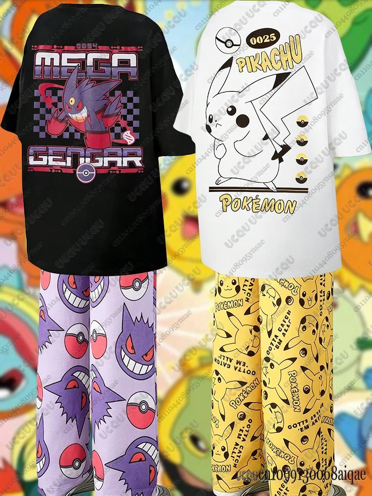 2026 Anime Pikachu&Gengar Summer Tshirts+Pajamas Pants Oversized Suits For Men Women Couple Cartoon Outfits Homewear Clothing - AMAZON FACTORY