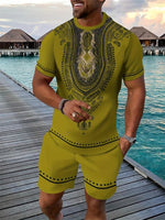 2026 Retro Men's T-shirt And Shorts Set 3D Ethnic Pattern Casual Round Neck Short Sleeve Drawstring Shorts Beach Sports Set-AMAZON FACTORY
