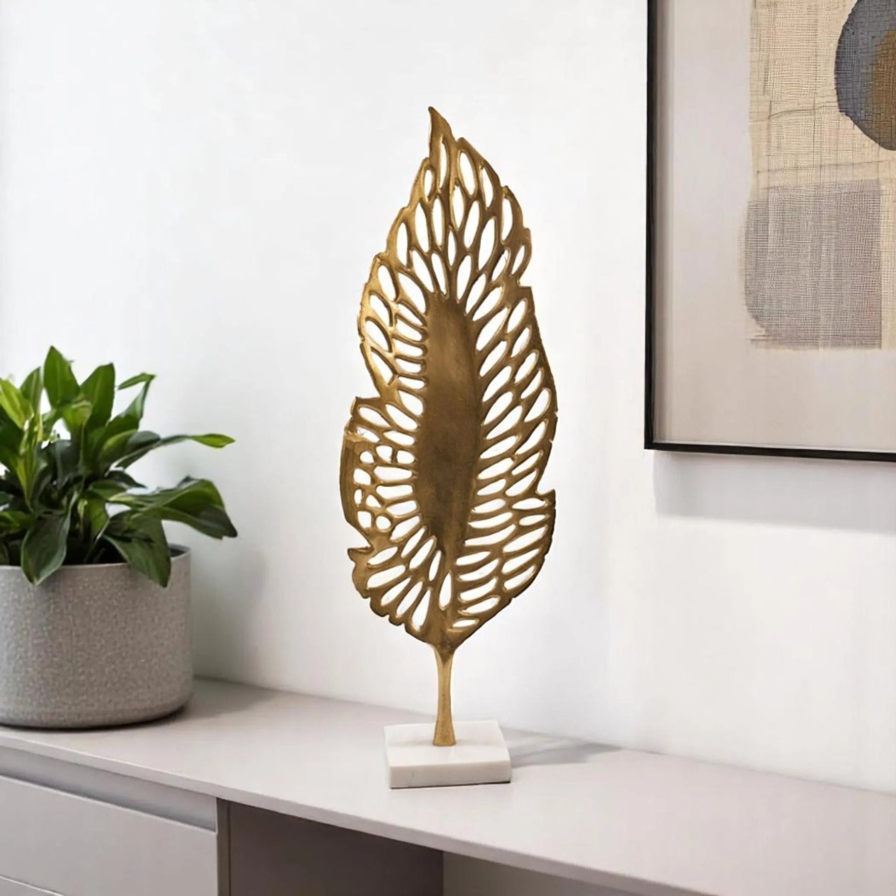 28" Gold And White Aluminum And Marble Leaf Tabletop Sculpture - AMAZON FACTORY
