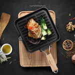 Ribbed Cast Iron Square Steak Frying Grill Skillet Pan with Folding Wooden Handle-AMAZON FACTORY