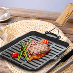 Ribbed Cast Iron Square Steak Frying Grill Skillet Pan with Folding Wooden Handle-AMAZON FACTORY