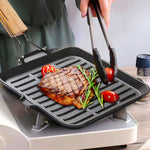 Ribbed Cast Iron Square Steak Frying Grill Skillet Pan with Folding Wooden Handle-AMAZON FACTORY