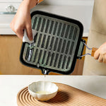Ribbed Cast Iron Square Steak Frying Grill Skillet Pan with Folding Wooden Handle-AMAZON FACTORY