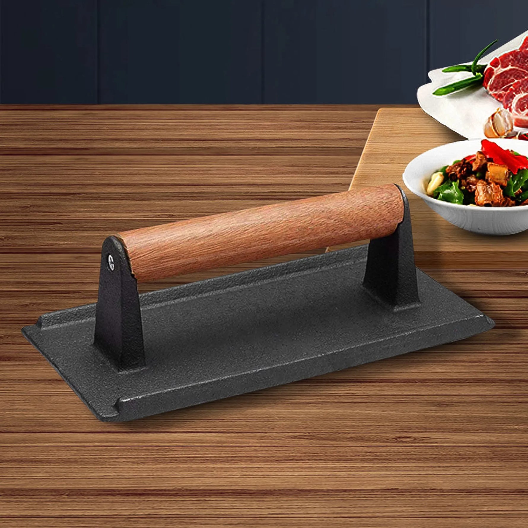 Cast Iron Bacon Meat Steak Press Grill BBQ with Wood Handle Weight Plate-AMAZON FACTORY
