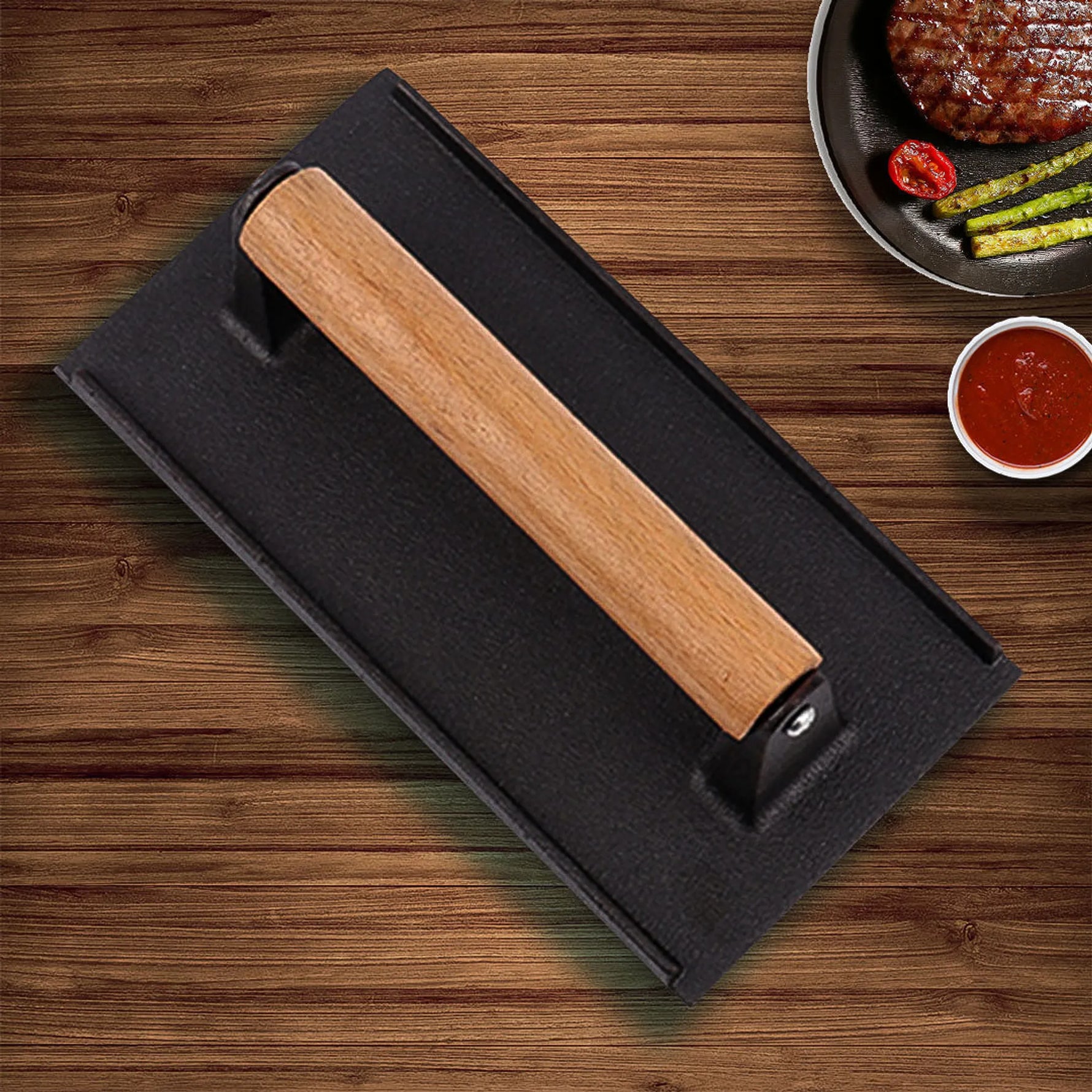 Cast Iron Bacon Meat Steak Press Grill BBQ with Wood Handle Weight Plate-AMAZON FACTORY
