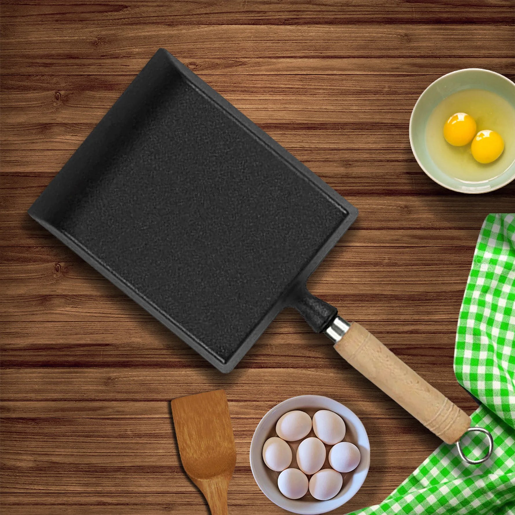 Cast Iron Tamagoyaki Japanese Omelette Egg Frying Skillet Fry Pan Wooden Handle-AMAZON FACTORY