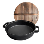 Round Cast Iron Preseasoned Deep Baking Pizza Frying Pan Skillet with Wooden Lid-AMAZON FACTORY