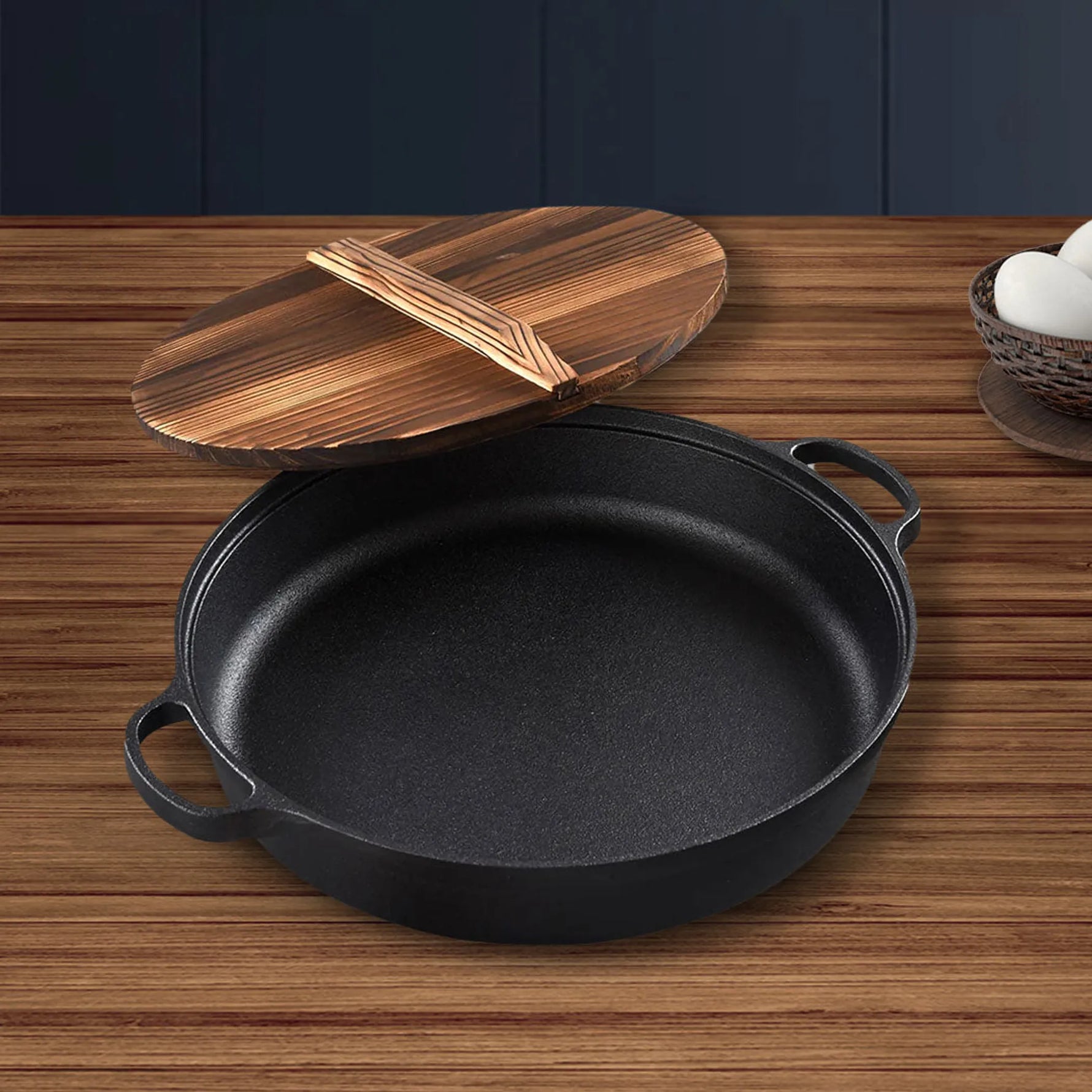 Round Cast Iron Preseasoned Deep Baking Pizza Frying Pan Skillet with Wooden Lid-AMAZON FACTORY