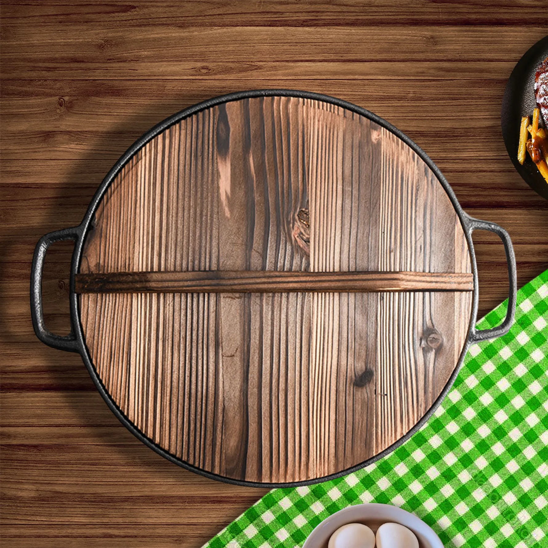 Round Cast Iron Preseasoned Deep Baking Pizza Frying Pan Skillet with Wooden Lid-AMAZON FACTORY
