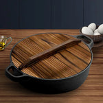Round Cast Iron Preseasoned Deep Baking Pizza Frying Pan Skillet with Wooden Lid-AMAZON FACTORY