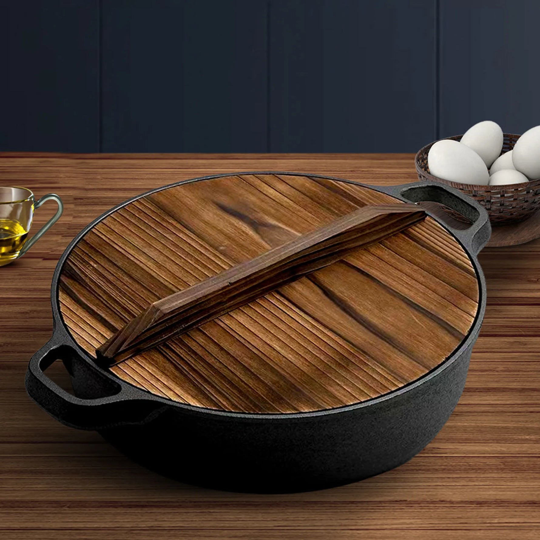 Round Cast Iron Preseasoned Deep Baking Pizza Frying Pan Skillet with Wooden Lid-AMAZON FACTORY