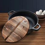 Round Cast Iron Preseasoned Deep Baking Pizza Frying Pan Skillet with Wooden Lid-AMAZON FACTORY