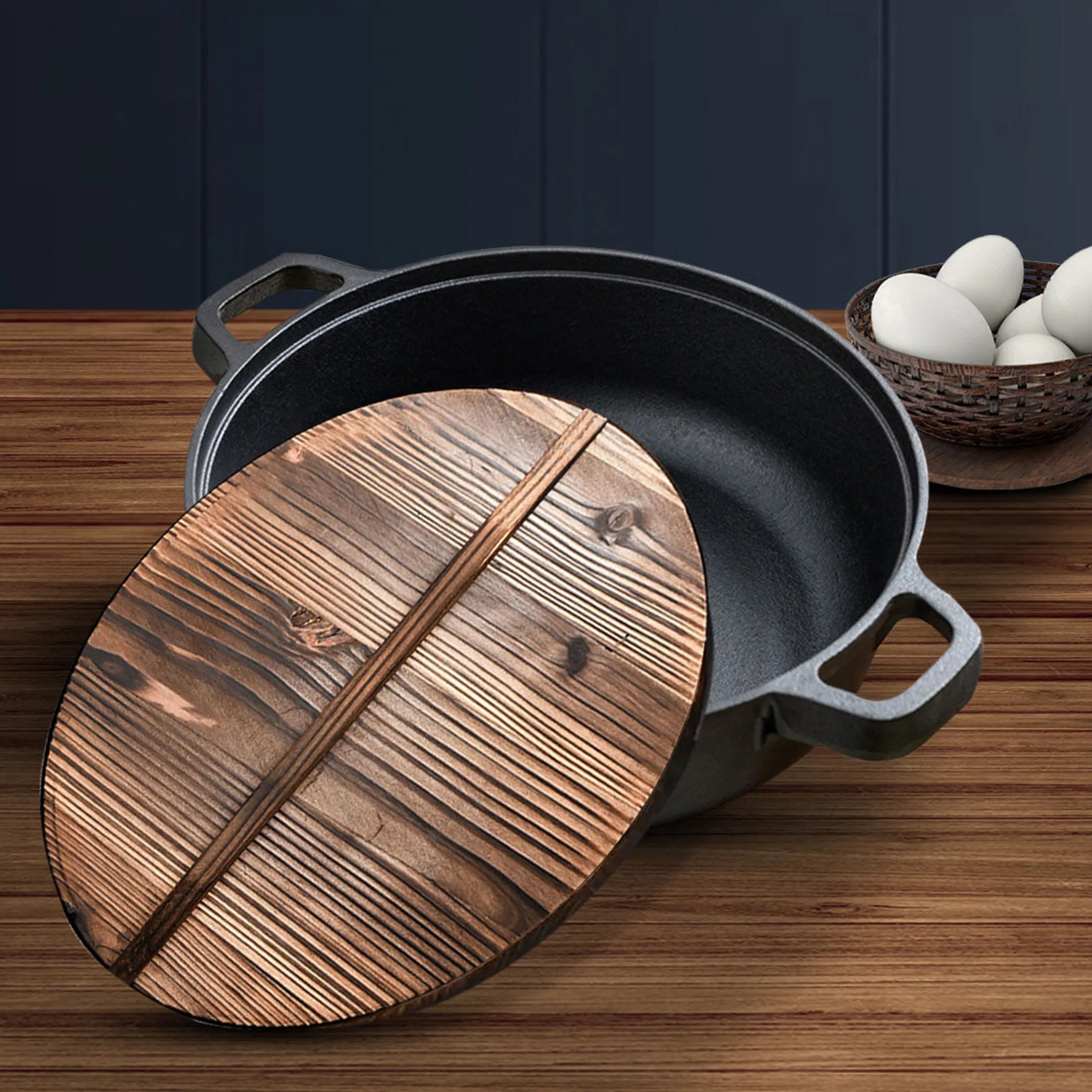 Round Cast Iron Preseasoned Deep Baking Pizza Frying Pan Skillet with Wooden Lid-AMAZON FACTORY