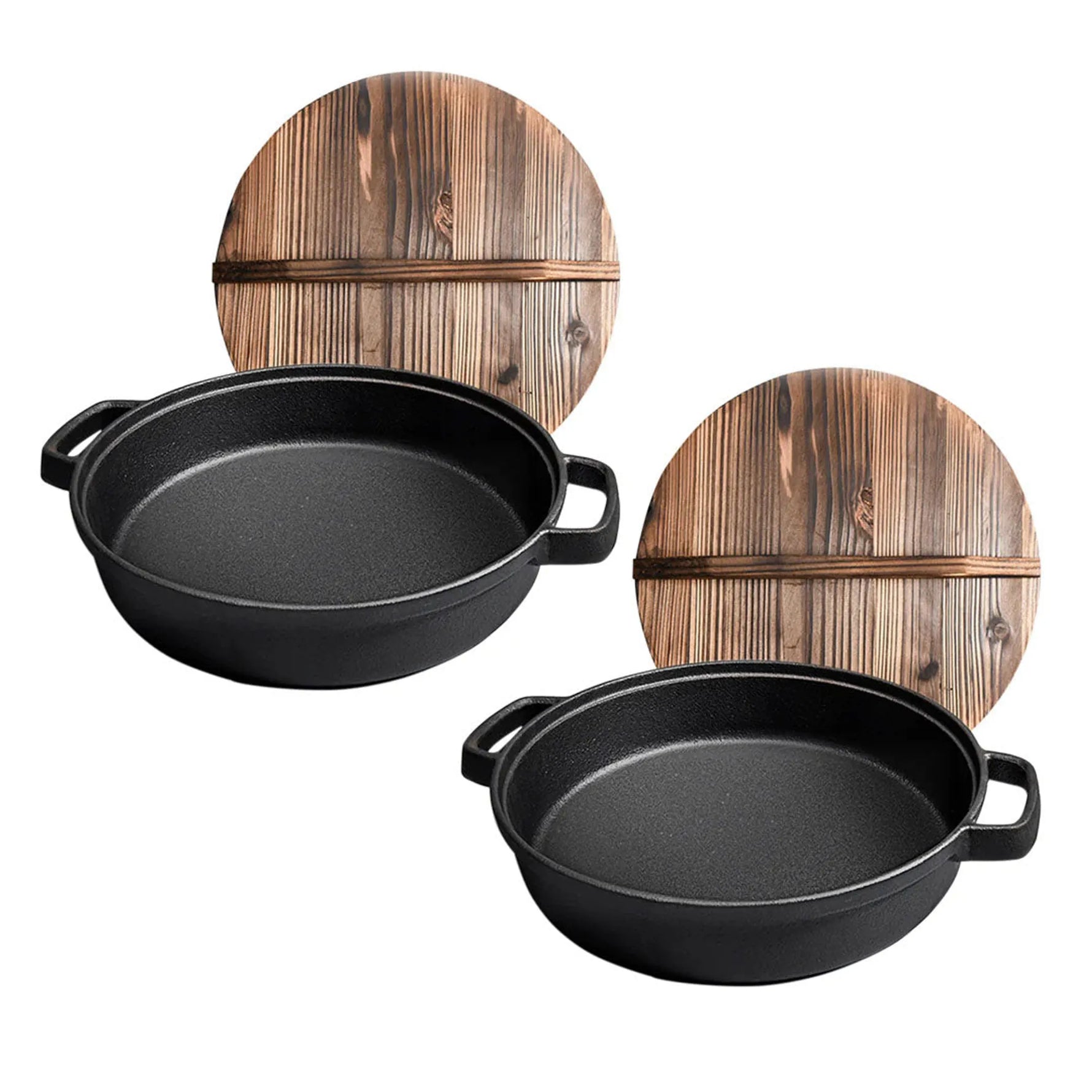Round Cast Iron Preseasoned Deep Baking Pizza Frying Pan Skillet with Wooden Lid-AMAZON FACTORY