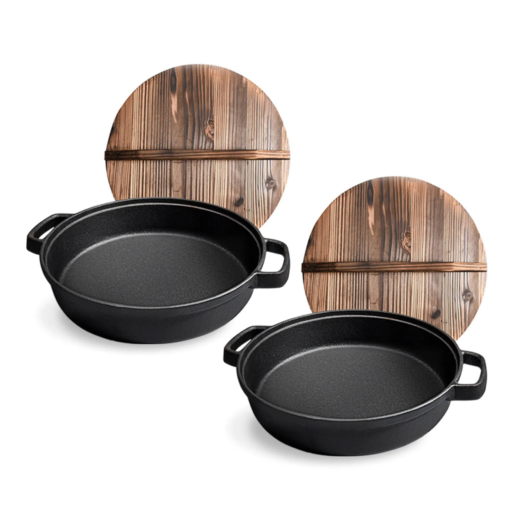 Round Cast Iron Preseasoned Deep Baking Pizza Frying Pan Skillet with Wooden Lid-AMAZON FACTORY