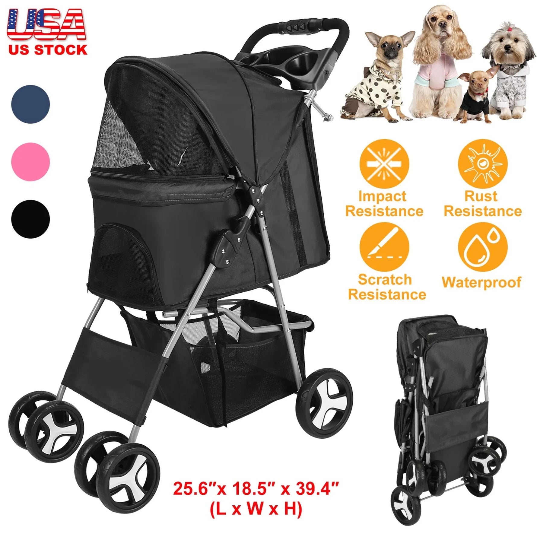 4 Wheels Pet Stroller Foldable Carrier Strolling Cart Travel Jogger Pet-AMAZON FACTORY