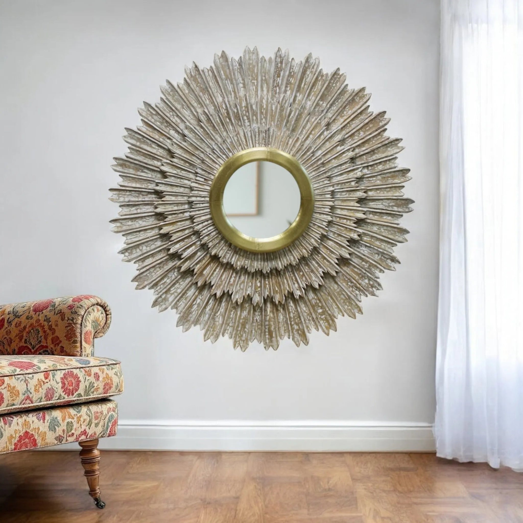 44" Antiqued Gold Sunburst Wood and Metal Framed Accent Mirror - AMAZON FACTORY