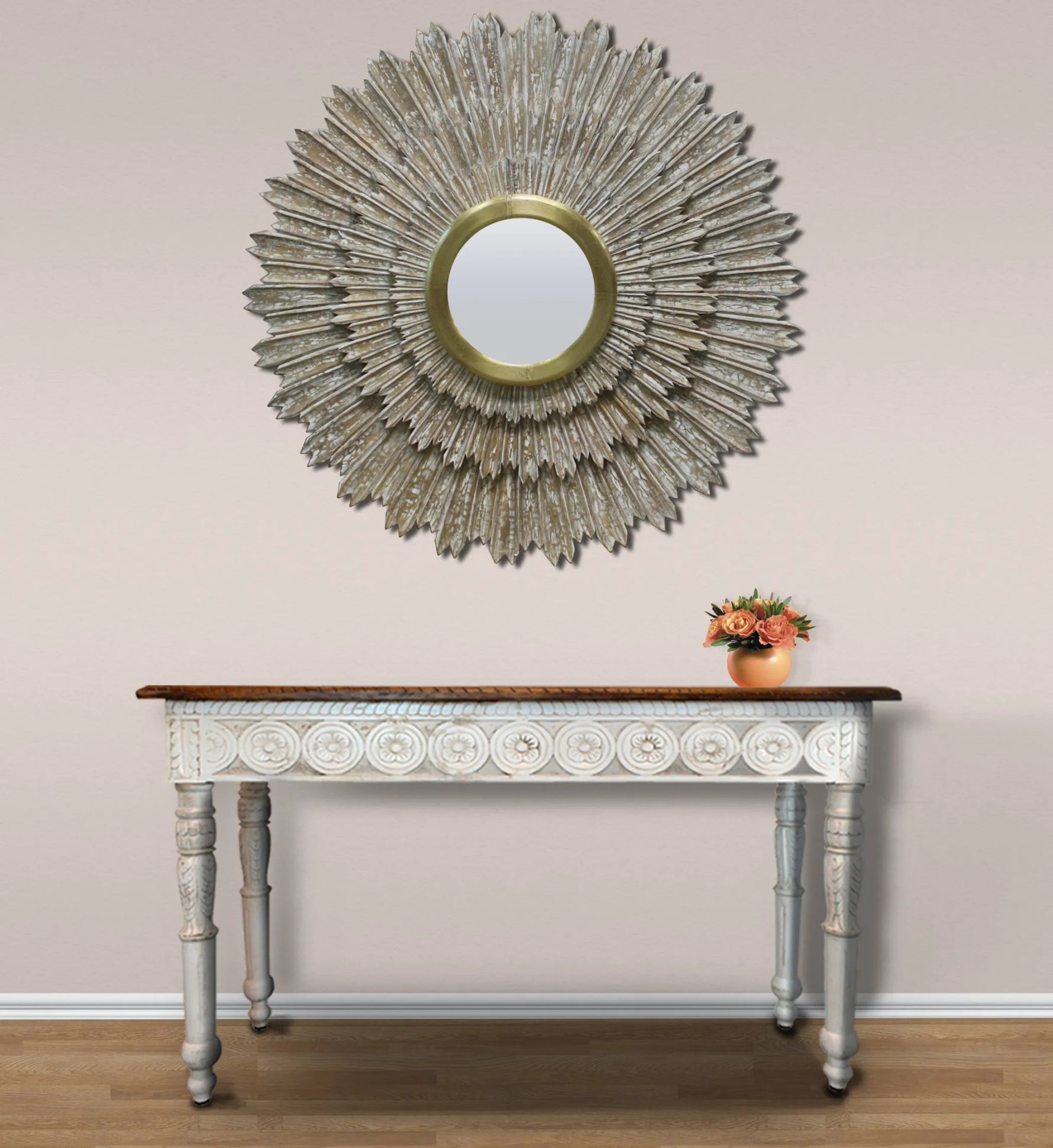 44" Antiqued Gold Sunburst Wood and Metal Framed Accent Mirror - AMAZON FACTORY