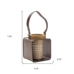 7" Natural and Brown Iron and Wood Lattice Tabletop Lantern Candle Holder - AMAZON FACTORY