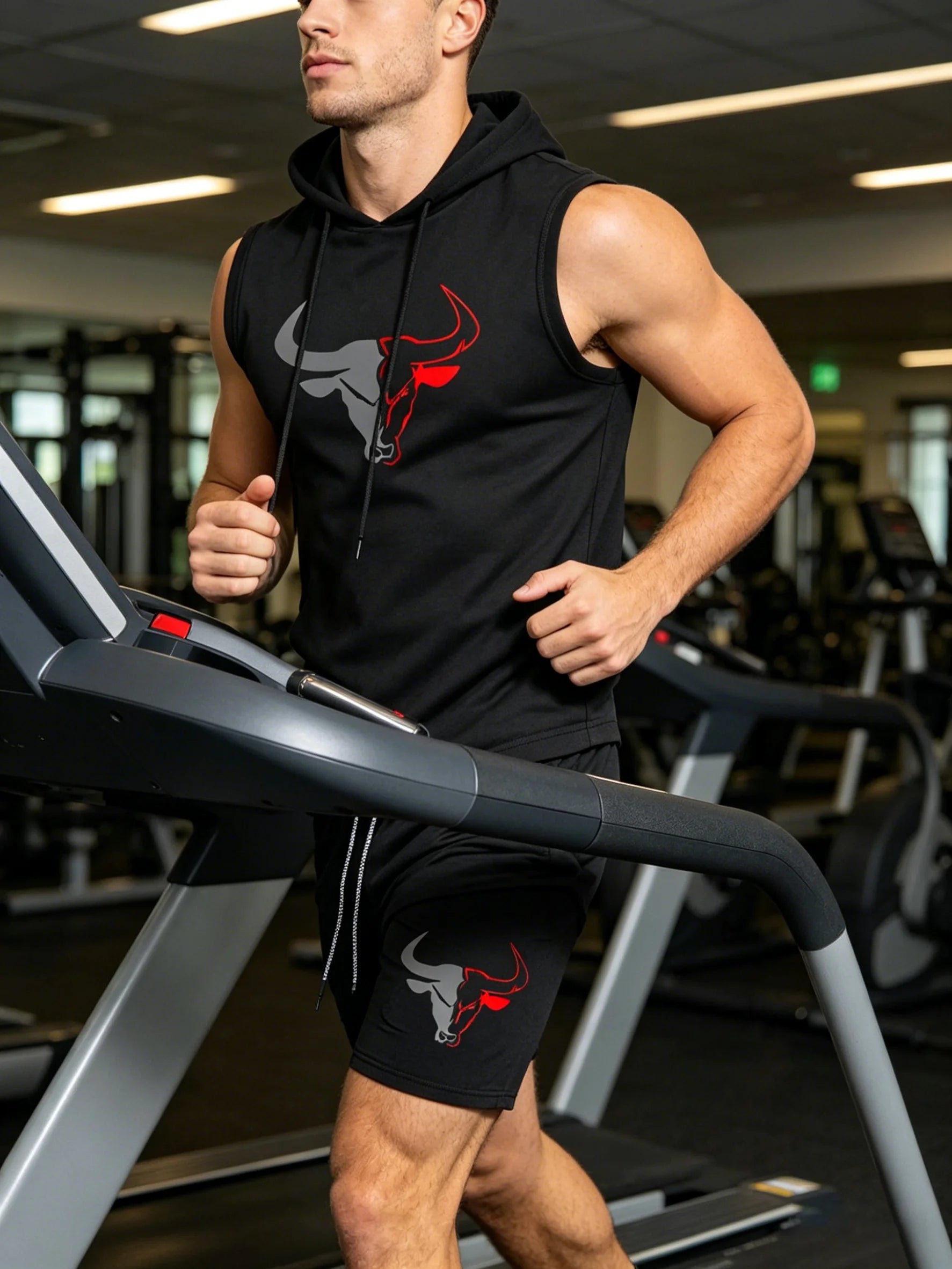Men's 2 Piece Black Sleeveless Hooded Vest & Shorts Set, Bull Print Gym Tracksuit, Breathable Spring Summer Workout Fitness Wear-AMAZON FACTORY