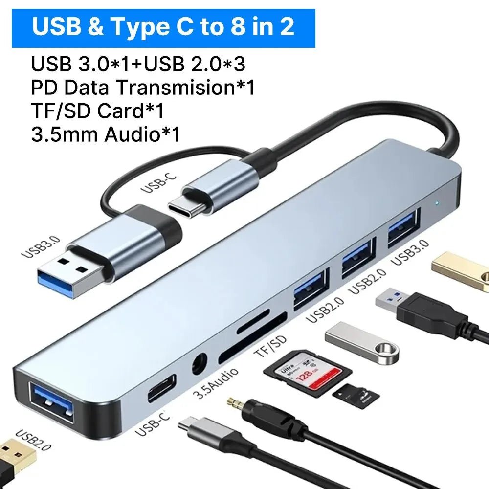8 in 2 USB-C HUB USB Splitter USB Extender with 4 USB Port 1 USBC Port TF/SD Card Reader Audio Output Compatible with MacBook-AMAZON FACTORY