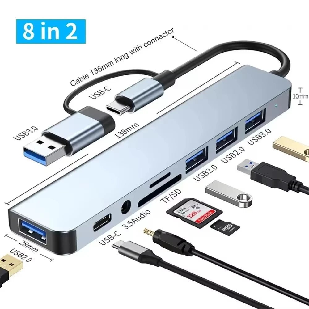 8 in 2 USB-C HUB USB Splitter USB Extender with 4 USB Port 1 USBC Port TF/SD Card Reader Audio Output Compatible with MacBook-AMAZON FACTORY