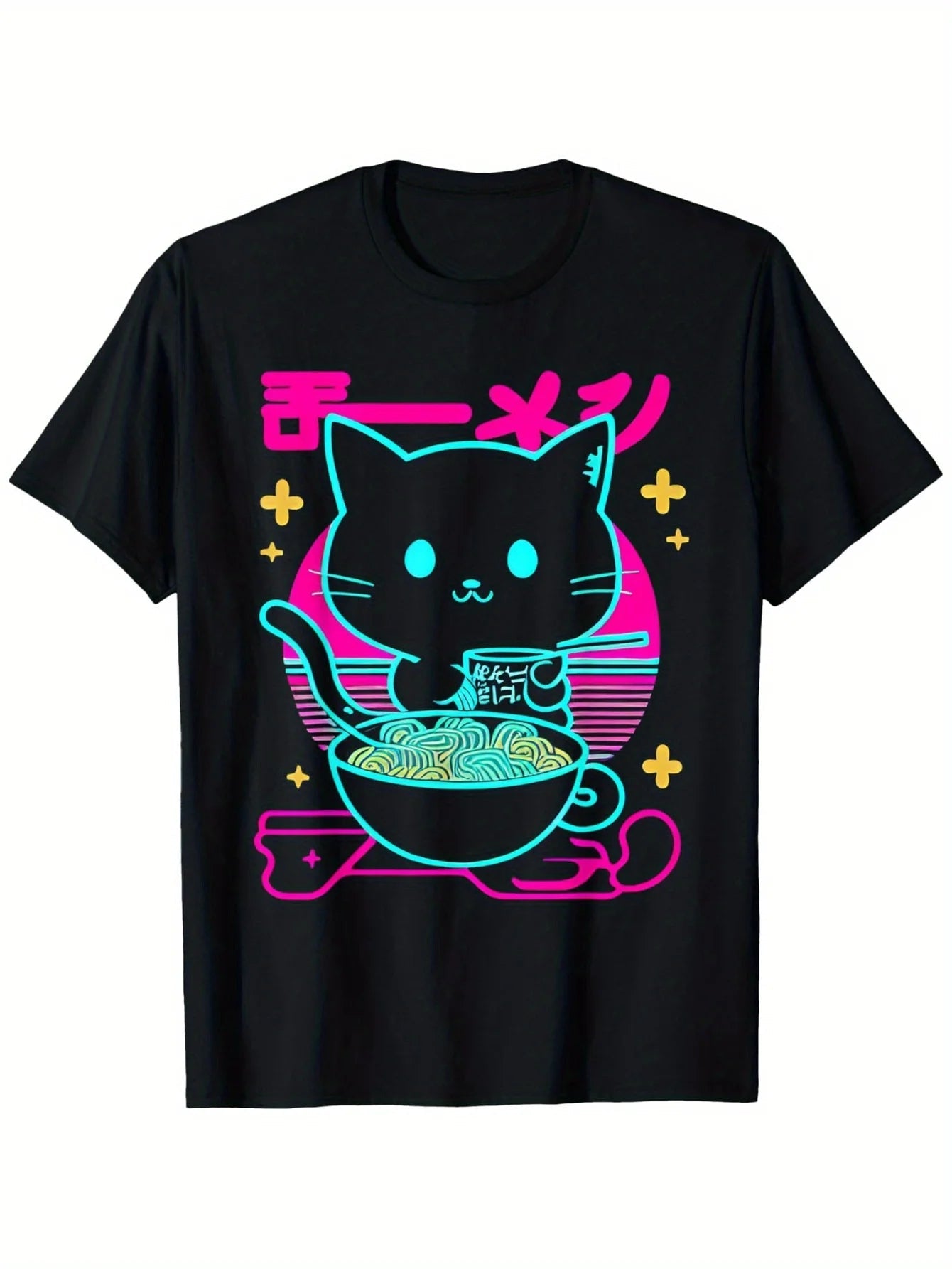 80s Synthetic Wave Products Cute Anime Cat Eats Ramen T-Shirt Fabric Men's and Women's Casual Holiday - AMAZON FACTORY