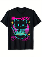 80s Synthetic Wave Products Cute Anime Cat Eats Ramen T-Shirt Fabric Men's and Women's Casual Holiday - AMAZON FACTORY