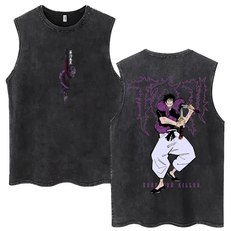 Anime Jujutsu Kaisen Satoru Gojo Vintage Wash Tank Tops Men Women Classic Manga Cotton T Shirt Fashion Loose Sleeveless T-Shirt - AMAZON FACTORY