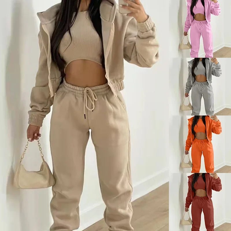 Autumn Winter Women's 3 Piece Sets Casual Long Sleeve Zip Hoodies Tank High Waist Sweatpants Jogger Pant Suits Sporty Outfit-AMAZON FACTORY