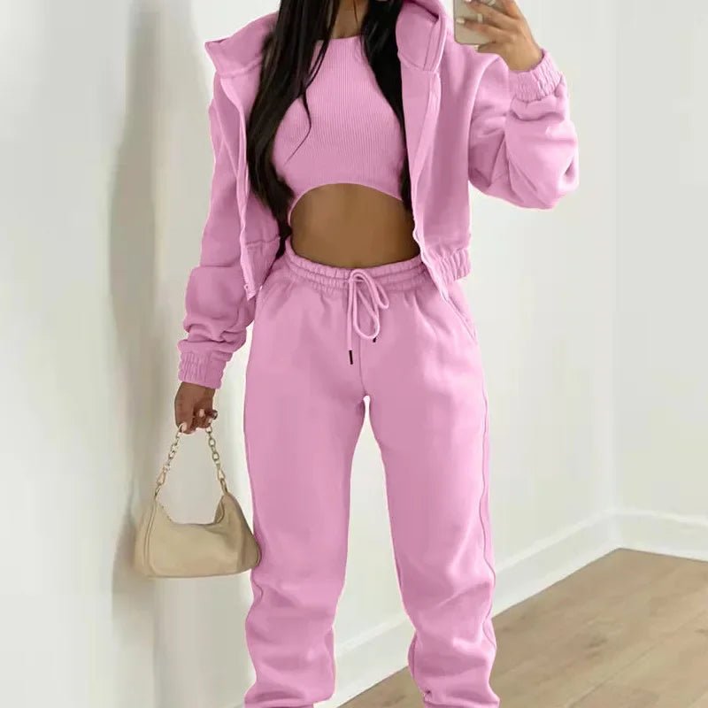 Autumn Winter Women's 3 Piece Sets Casual Long Sleeve Zip Hoodies Tank High Waist Sweatpants Jogger Pant Suits Sporty Outfit-AMAZON FACTORY